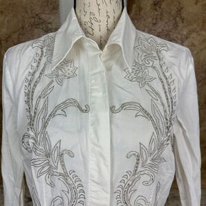 Vintage Basix II Top Womens 12 White Embellished Retro Beaded Button Front Shirt